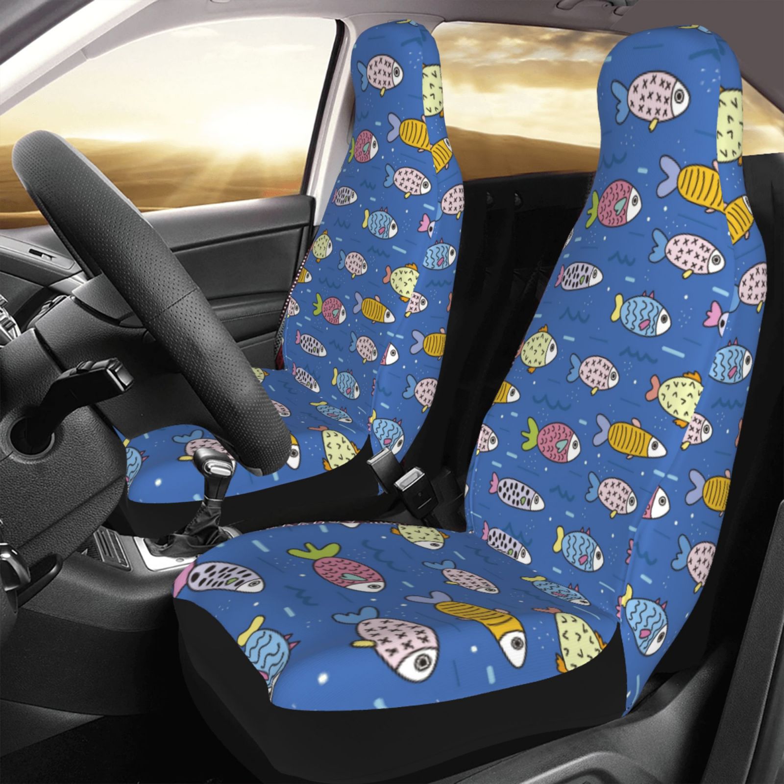 TEQUAN Front Seat Covers， Blue Sea Fish Pattern 2 Piece Car Seat Cover Fit Most Car SUV Truck Van