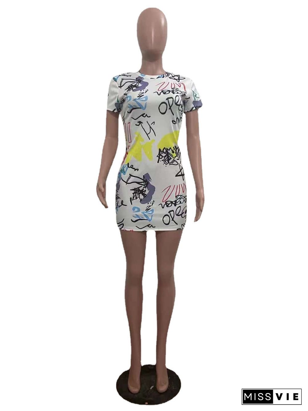 Fashion Graffiti Printed Women Casual Sexy Short Sleeve O Neck Bodycon Club Wear Mini Dresses