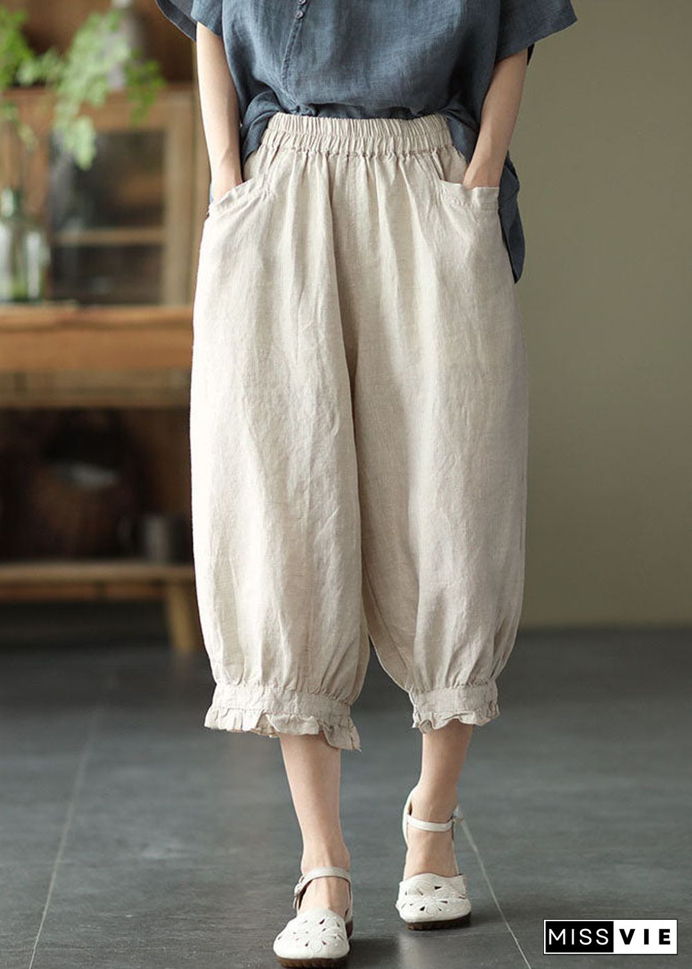 Beige Pockets Patchwork Linen Crop Pants Elastic Waist Summer