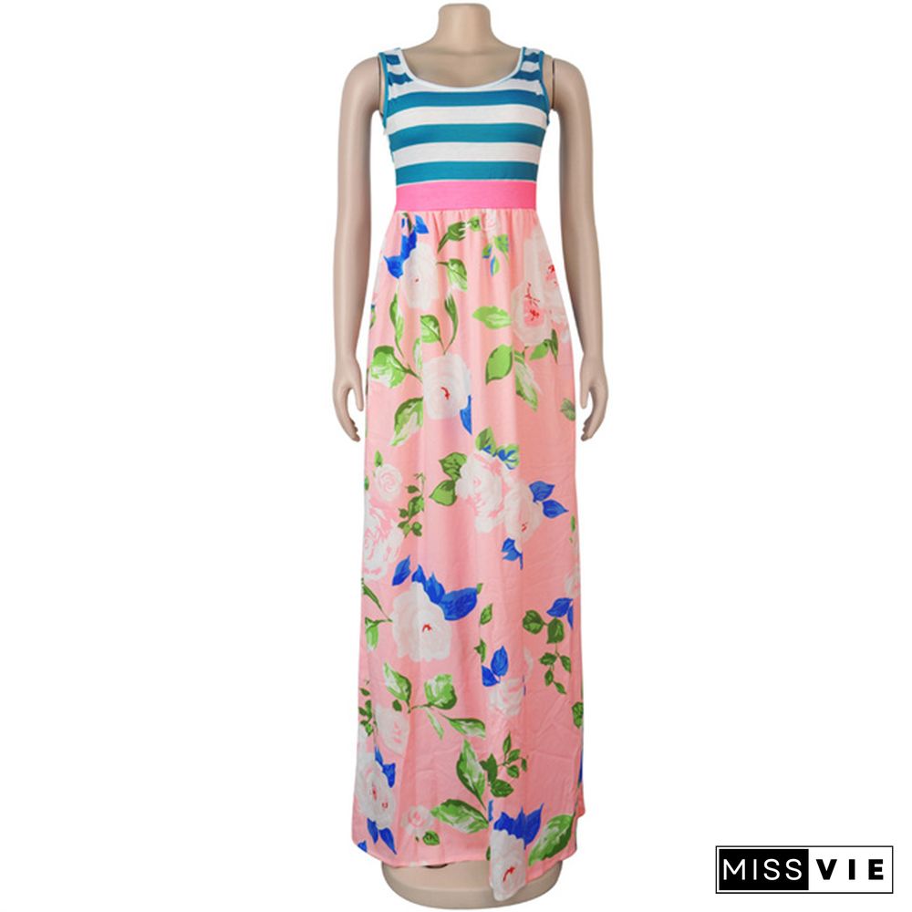 Summer Clothing Patchwork Floral Print Sleeveless High Waist Women Casual Streetwear Maxi Long Dress