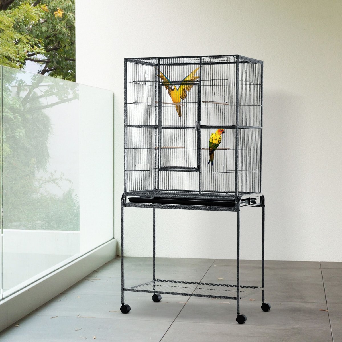 PawHut 30-in Rolling Metal Bird Cage， Black and Gray