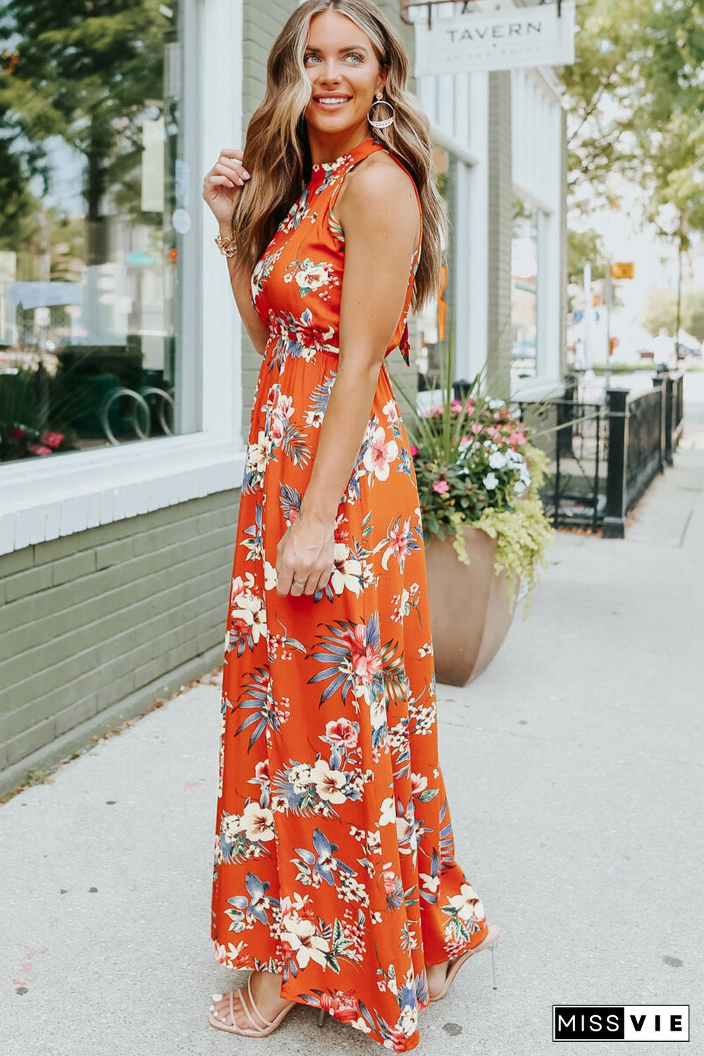 Orange Halter Neck Sleeveless Floral Dress with Slits