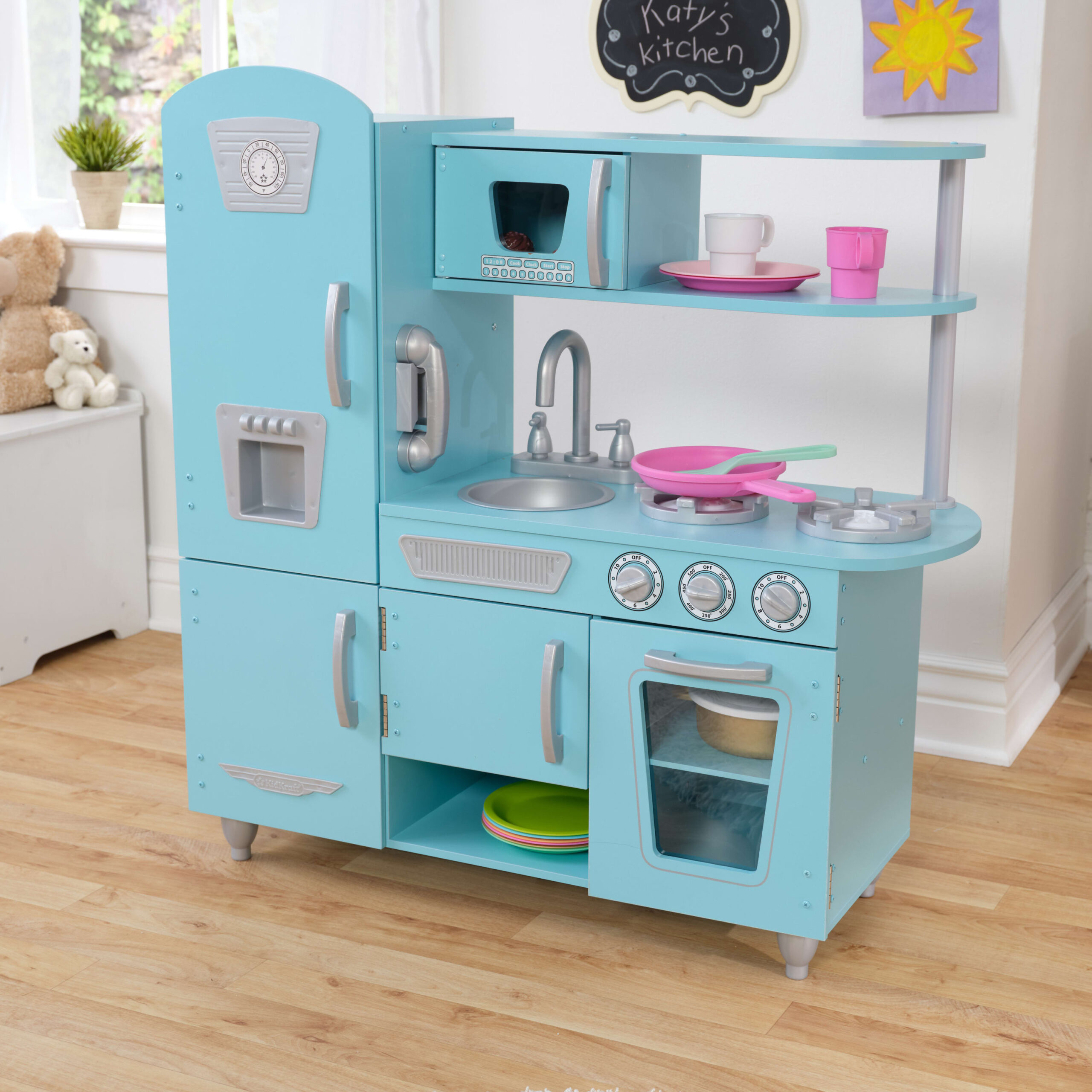 KidKraft Vintage Wooden Play Kitchen with Pretend Ice Maker and Play Phone - Blue