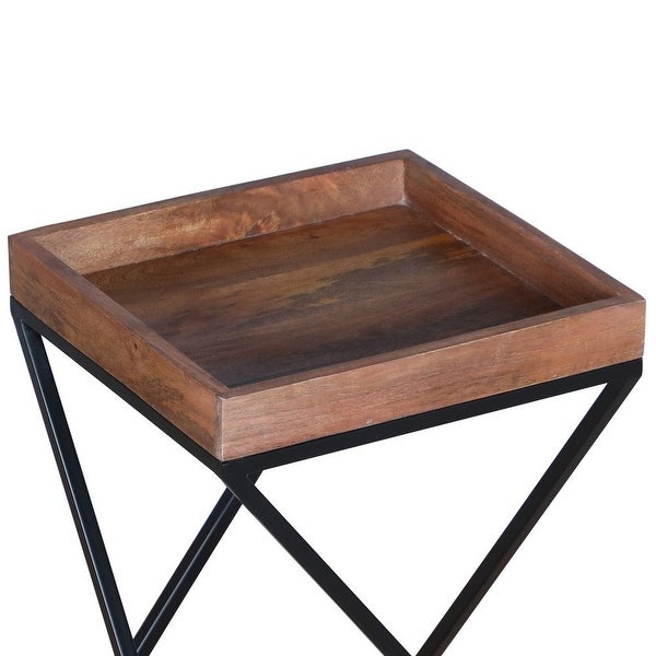 22 Inch Industrial End Side Table with Mango Wood Tray Top Iron Frame