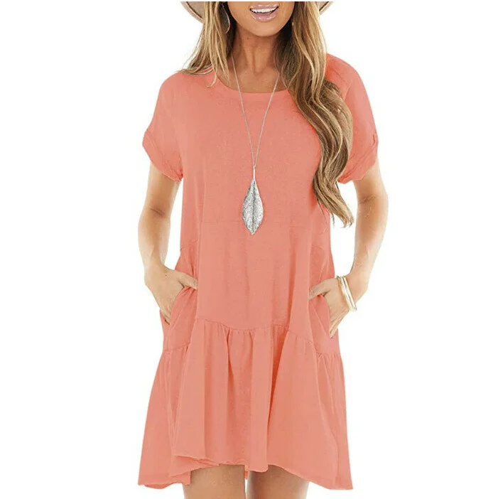 🔥🔥Round neck short sleeve large hem mid-length dress