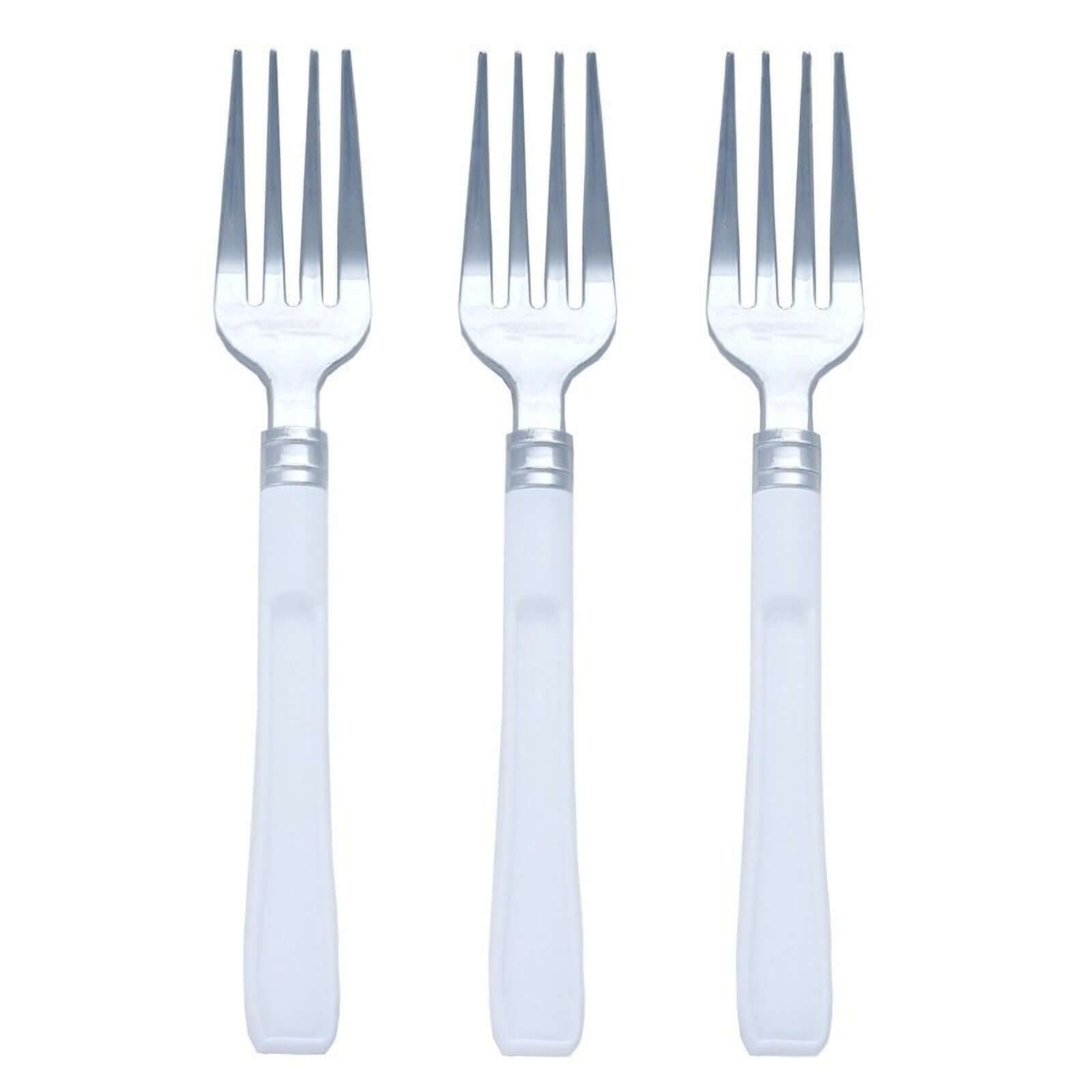 25 Pack Light Silver Heavy Duty Plastic Forks with White Handles, Disposable Utensils 7