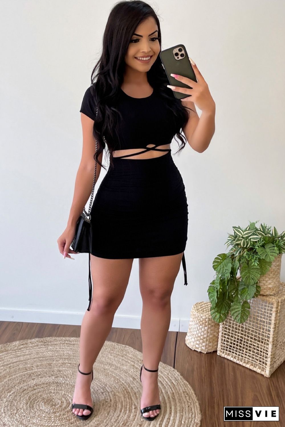 Black Short Sleeve Cutout Bodycon Mini Dress