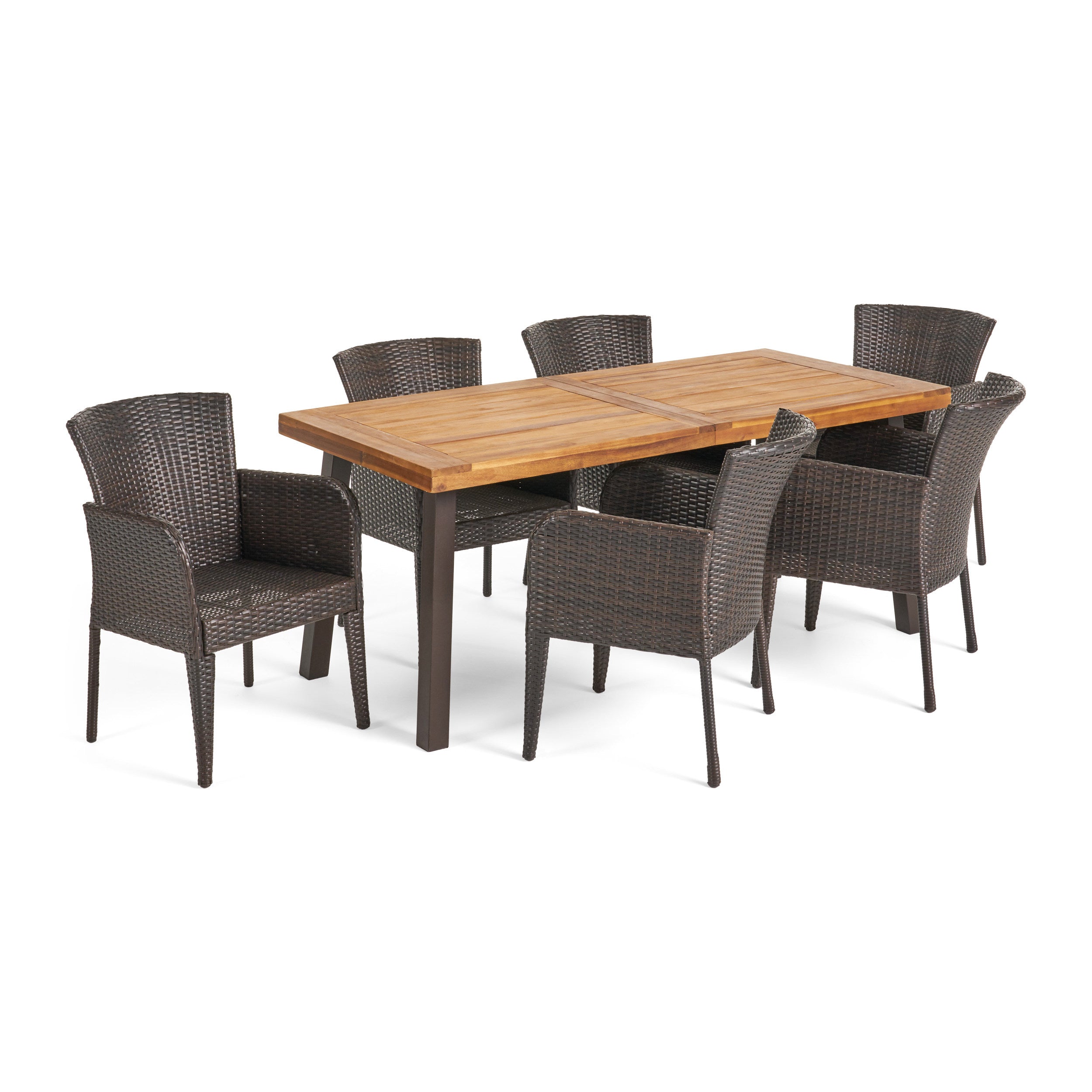 Helton 7 Piece Outdoor Dining Set (Wood Table w/ Wicker Chairs)