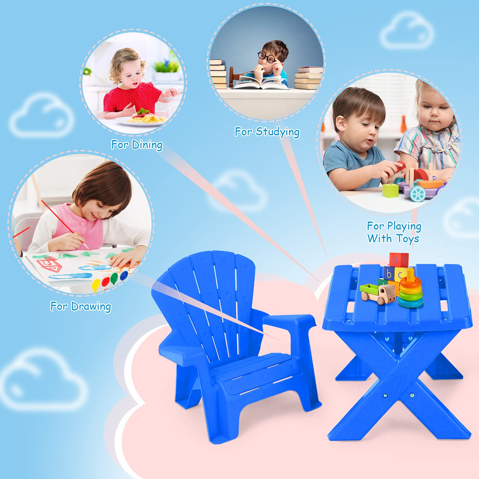 Costzon Kids Plastic Table and 2 Chairs Set, Adirondack Chair for Indoor & Outdoor Garden