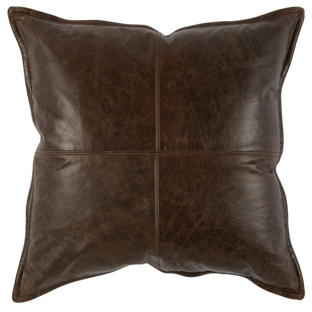 Square Leatherette Throw Pillow with Stitched Details  Dark Brown