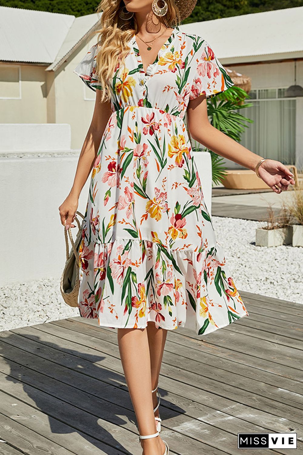 Floral Print V Neck Dress Wholesale