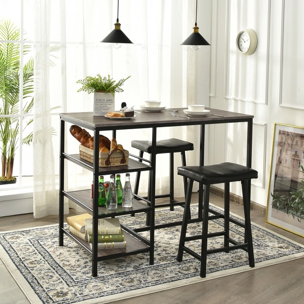 Tangkula 3pc Dining Table Set Pub Bar Table Set 3 Tier Storage Shelves With 2 Pub Stools Upholstered