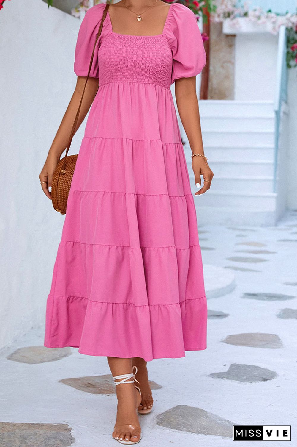 Puff Sleeves Square Neck Splicing Ruffle Long Dress