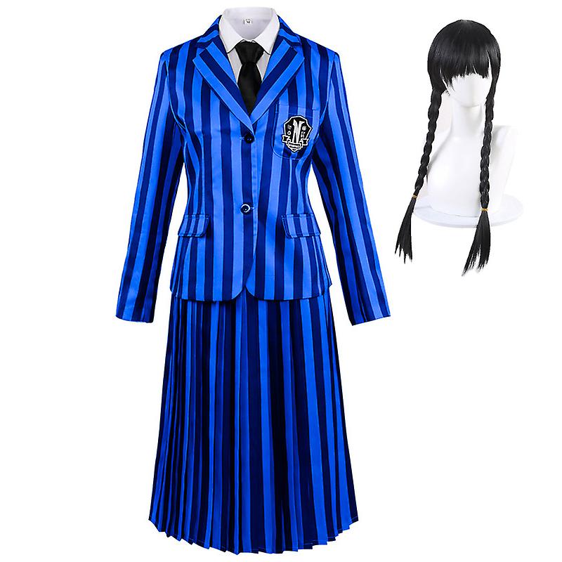 Women Adult Wednesday School Uniform Suit With Wig，wednesday Dress Cosplay Costume Carnival Party Dress Up Outfit