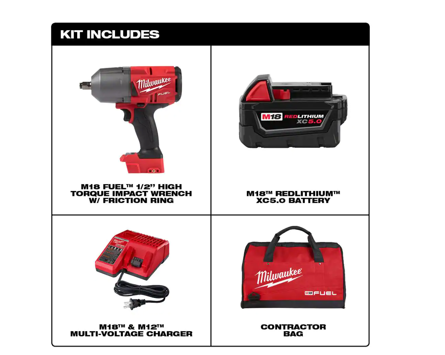 Milwaukee 2767-21B M18 FUEL 18V Lithium-Ion Brushless Cordless 1/2 in. Impact Wrench w/Friction Ring Kit w/One 5.0 Ah Battery and Bag