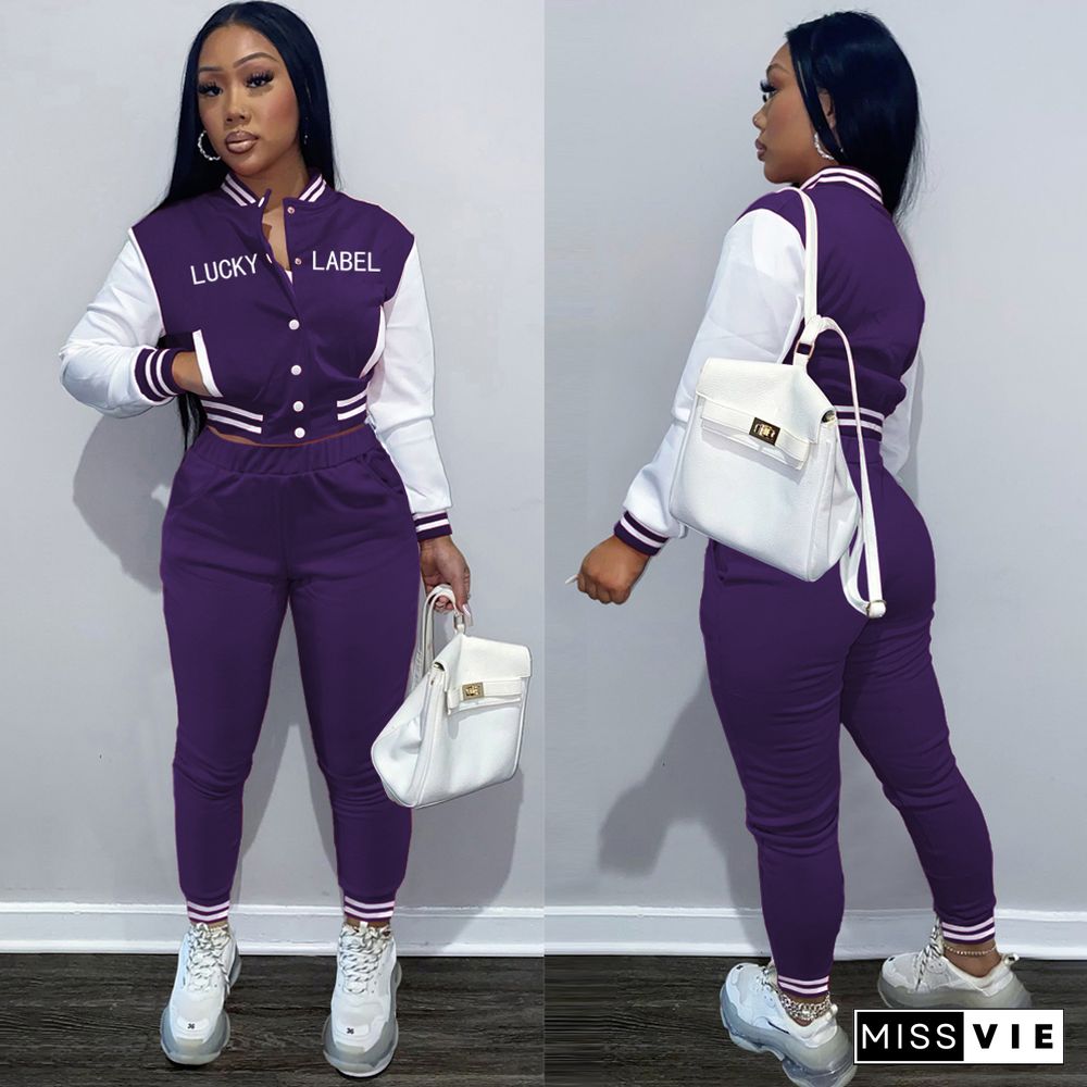 Letter Print Baseball Jacket Sporty Pants Set