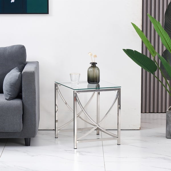 Stainless Steel Cube End Table Silver Glass Table