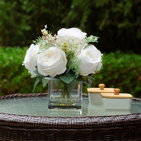 Mixed Peony Artificial Flowers in Vase with Faux Water，Silk Flower Arrangements in Vase for Home Decor，Wedding Table