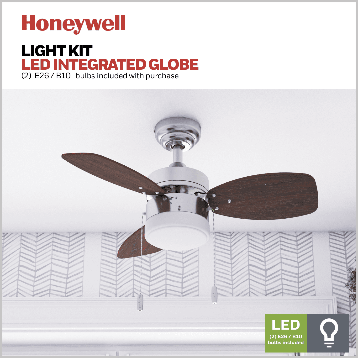 Honeywell Ocean Breeze 30-InchBrushed Nickel Small 3 Blade LED Ceiling Fan with Light