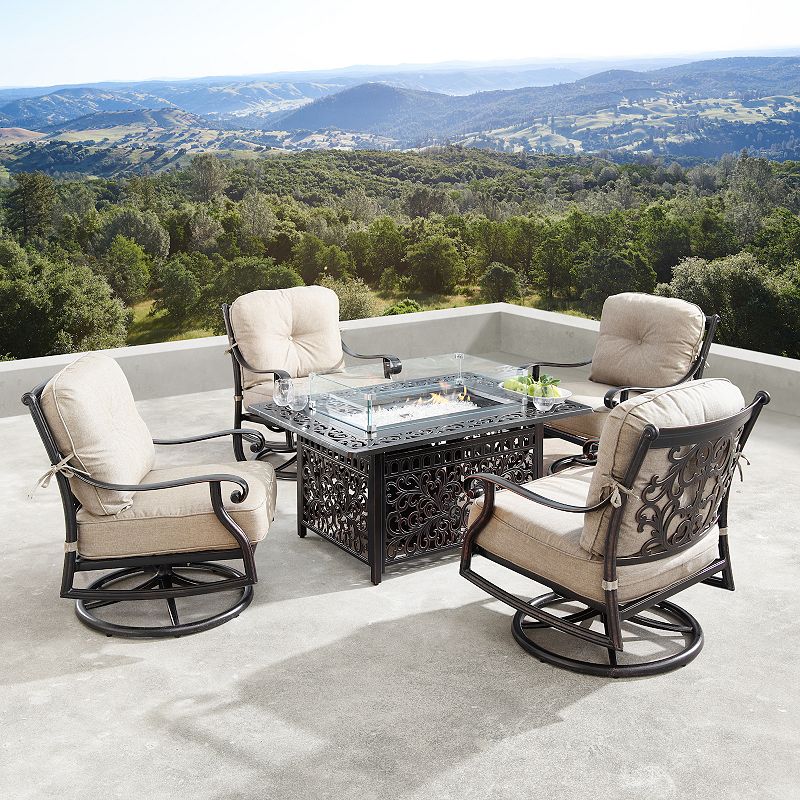 Outdoor Rectangular Fire Table and Swivel Rocking Chair 5-piece Set