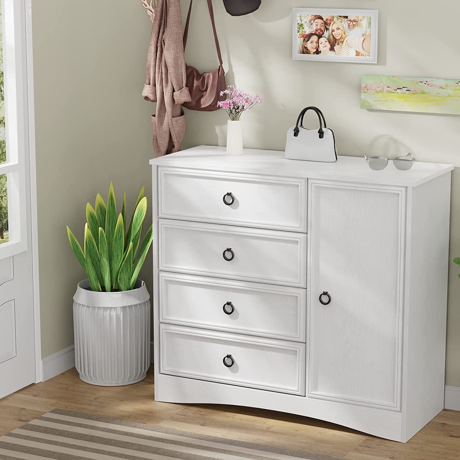 LGHM 4 Drawer Dresser W/ Door Cabinet for Bedroom, Entryway, Living Room, White