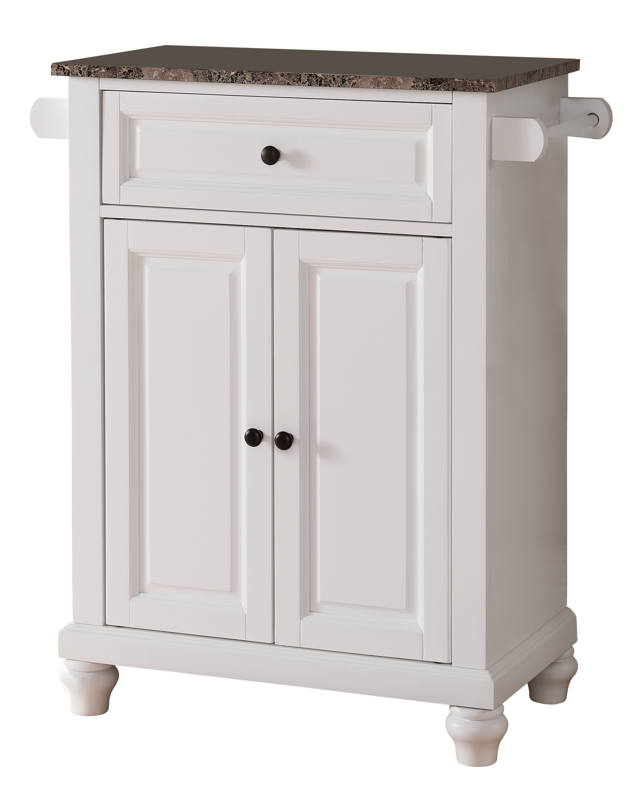 Ian Kitchen Island Storage Cabinet， White and Marble Wood， Adjustable Shelf and Towel Bars， Contemporary