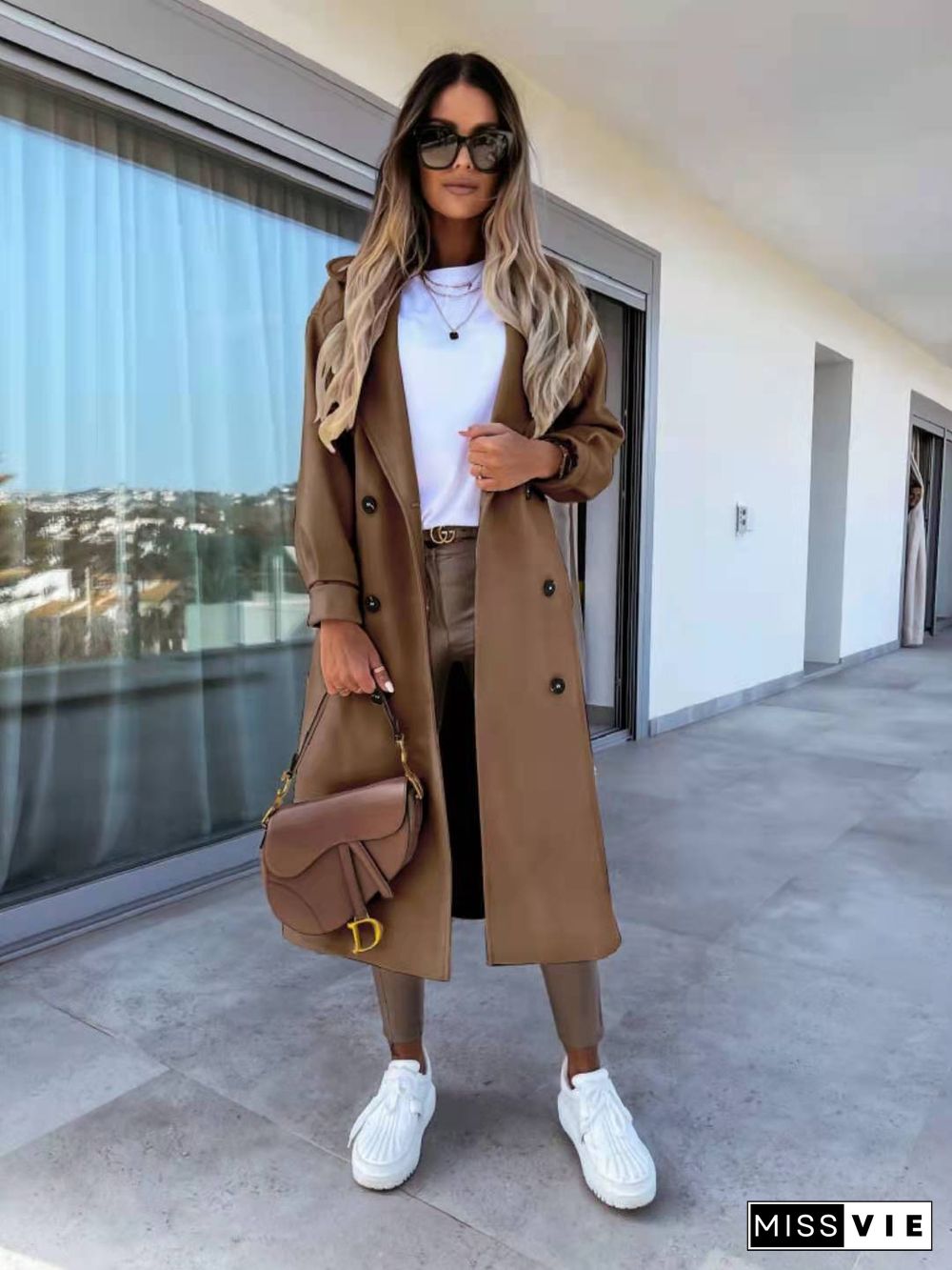 Fall/Winter Long Sleeve Suit Collar Double-breasted Korean Coat Solid Color Trench Coat For Women пальто женское