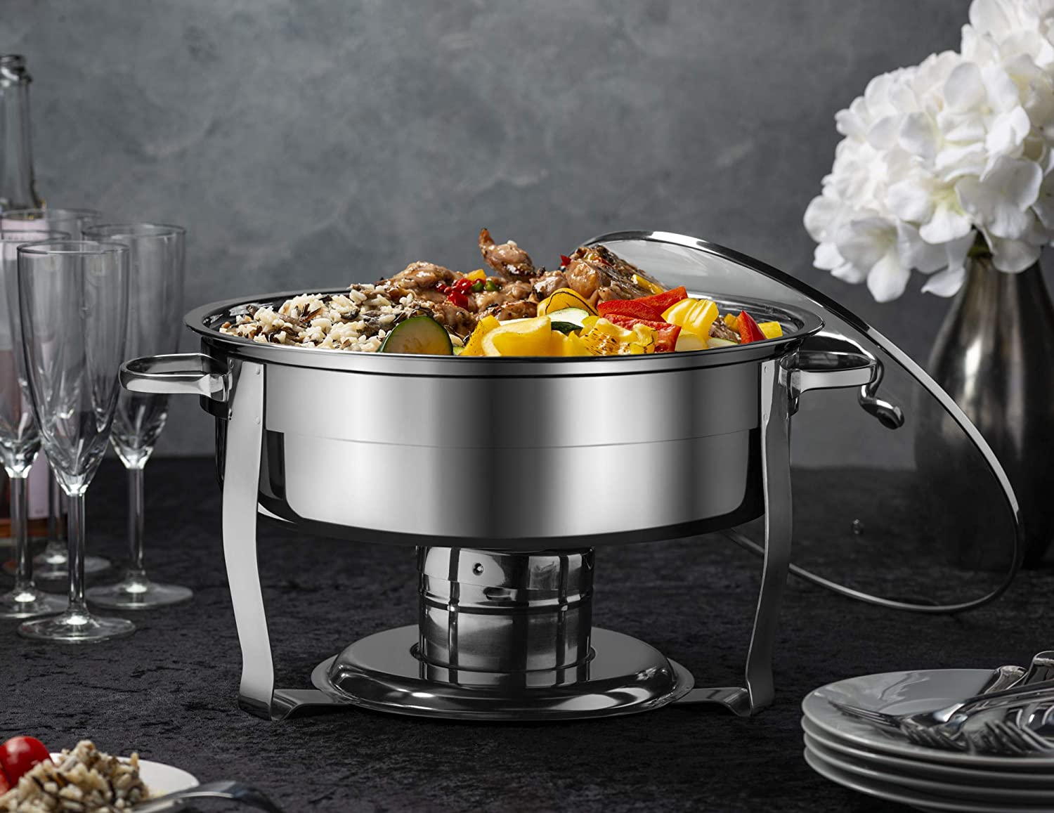 Kook Stainless Steel Chafing Dish with Glass Lid and Rack， Silver， 4.5 Qt