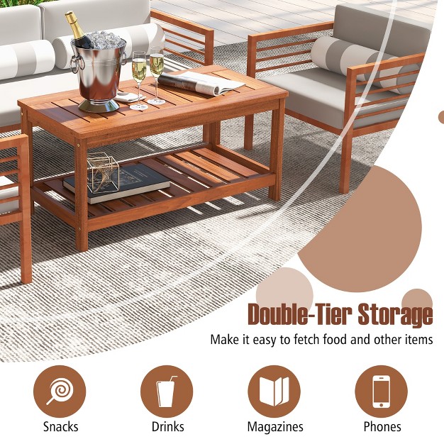 Tangkula Hardwood Outdoor Patio Coffee Table 2 tier Coffee Table W Slat Tabletop amp Storage Shelf Natural