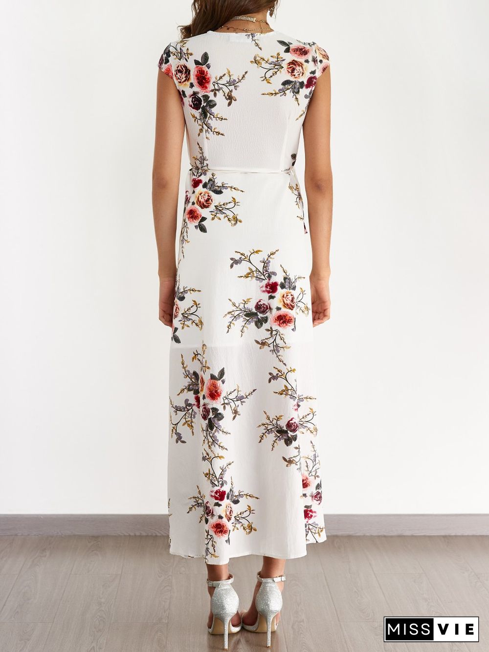 White V-Neck Random Floral Print Self-Tie Dress