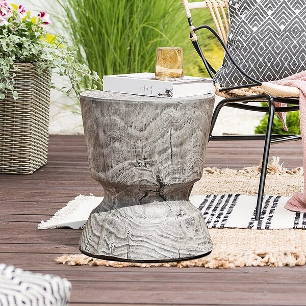 14.6 Inch Round Accent Table， Faux Wood Stump Stool， Patio End Table， Garden Stool， Plant Stand， Wood Grain Finish