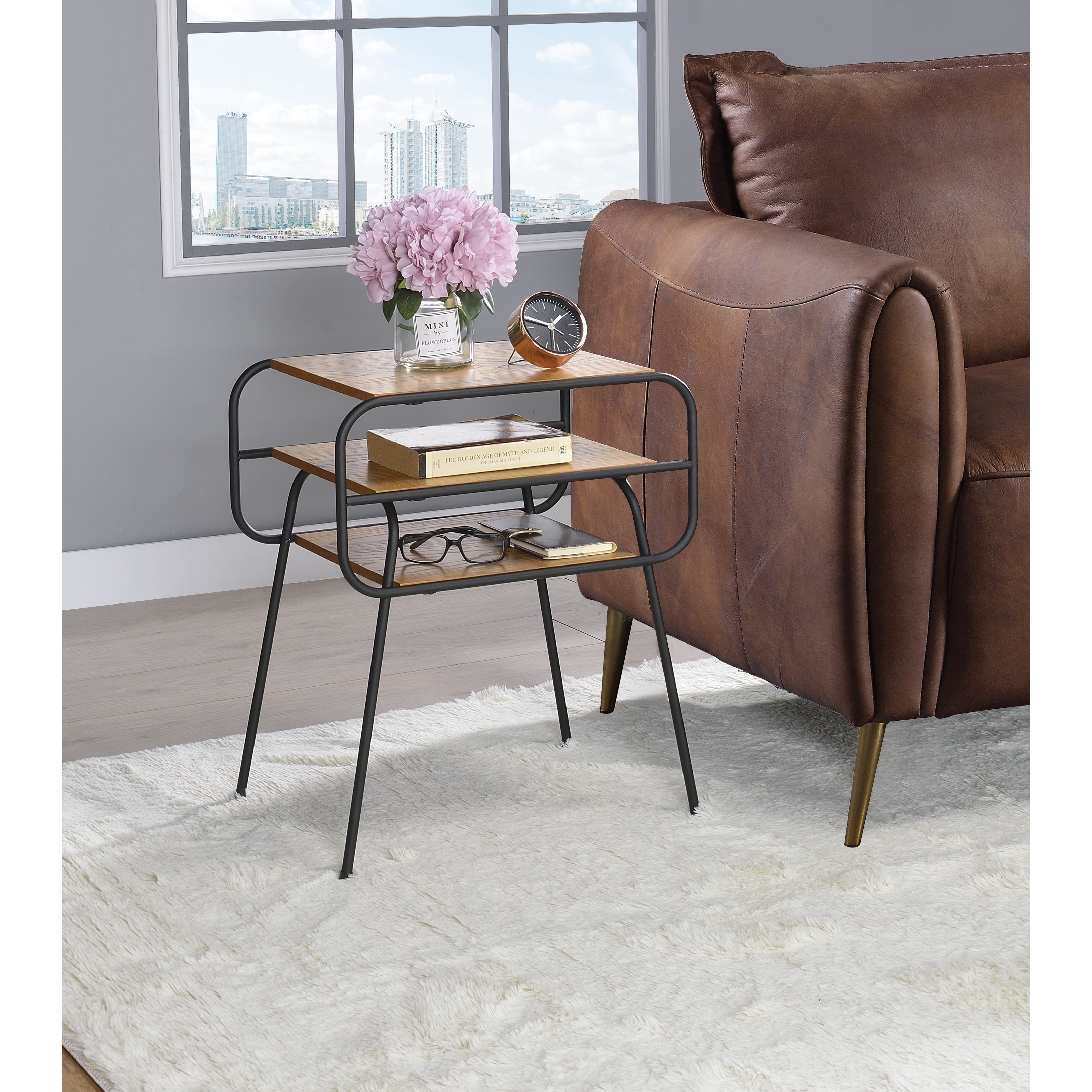 Oak square side table with two wooden shelves