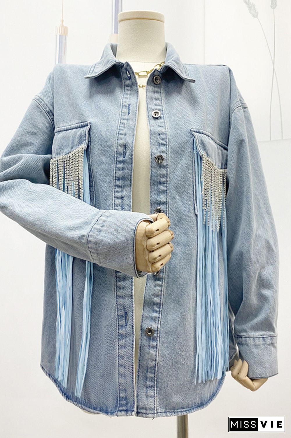 Crystal and Tassel Pocket Open Button Denim Jackets