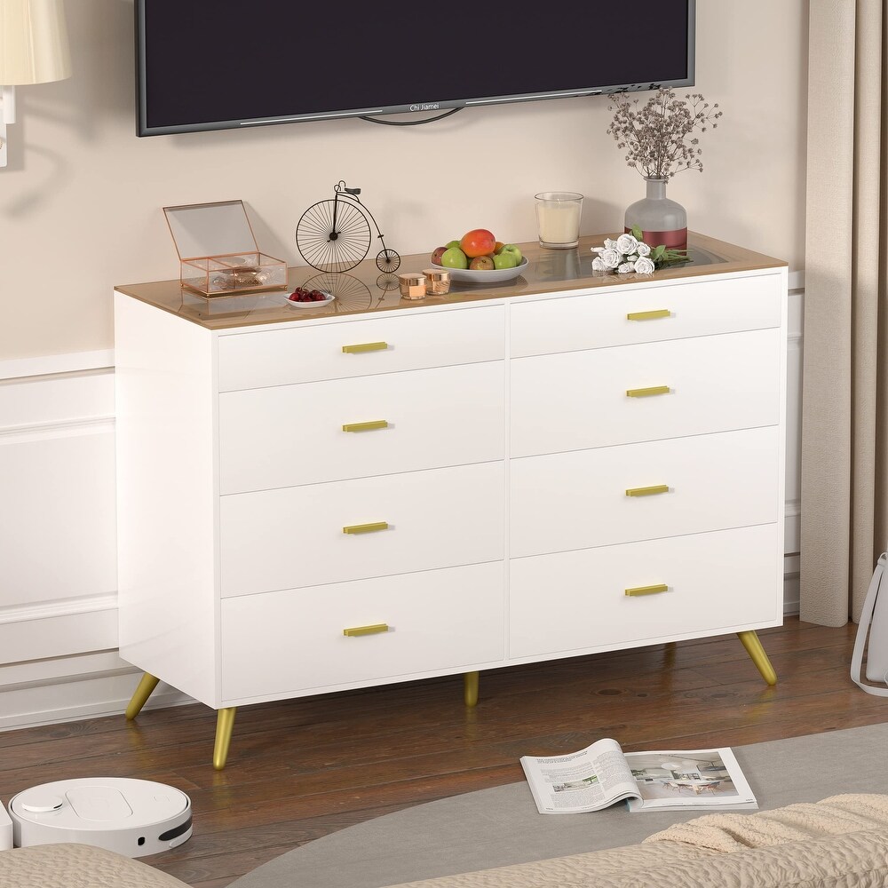 Dresser for Bedroom Modern 8 Drawer Dressers with Tempered Glass Top  Chests of Drawers with 2 Grid Drawer  Storage Organizer