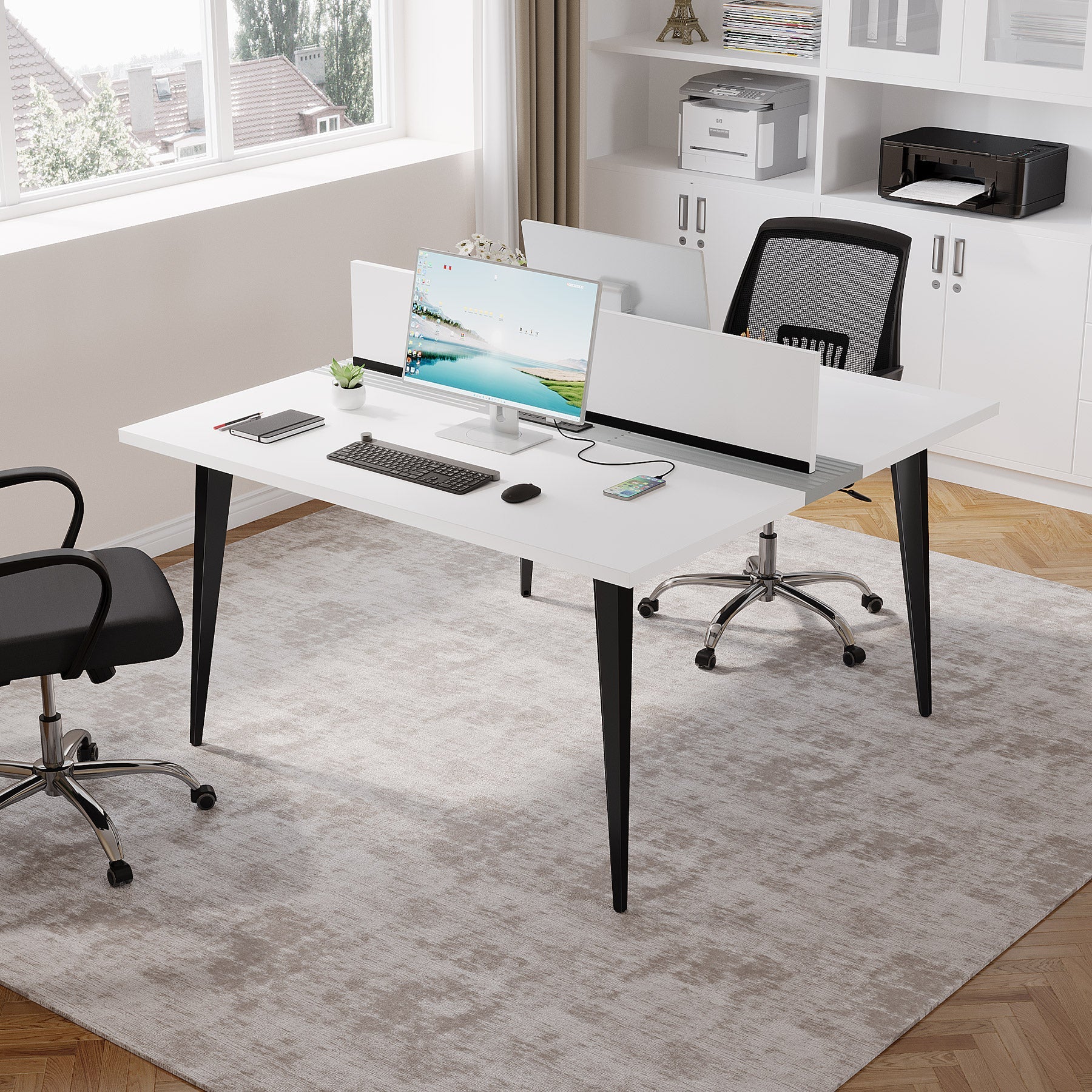 2 Person Computer Desk, Square Office Desk With Power Outlet