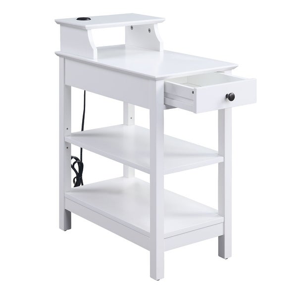 Wooden Frame Side Table with 3 Open Compartments and 1 Drawer， White