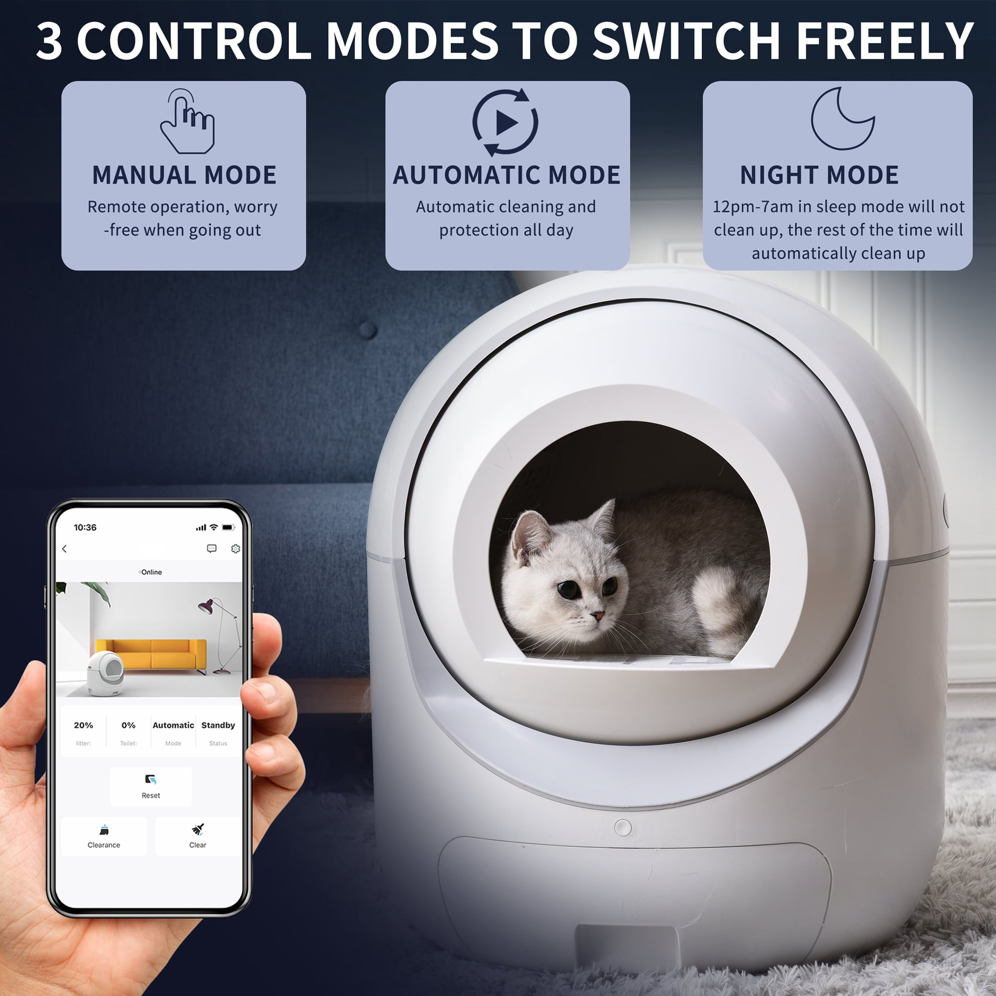 Takoyi Smart Automatic Cat Litter Box，Automatic Scooping and Odor Removal， App Control， Support 5Gand2.4G WiFi for Multiple Cats， Double Odor Removal