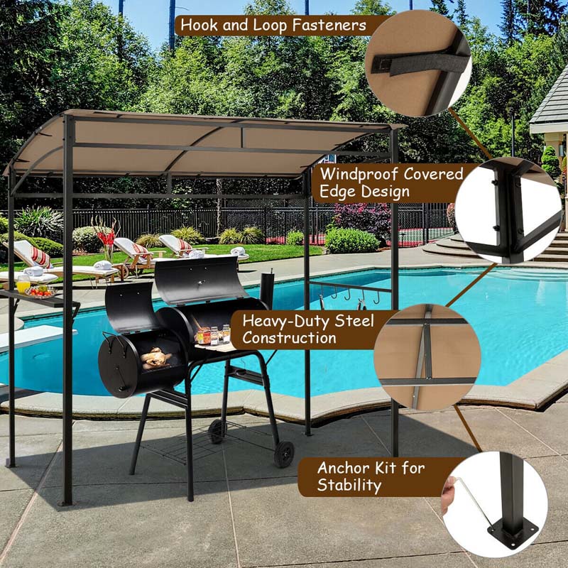 7 x 4.5 FT Outdoor Patio Grill Gazebo, Curved Grill Shelter BBQ Canopy with Serving Shelf & Storage Hooks