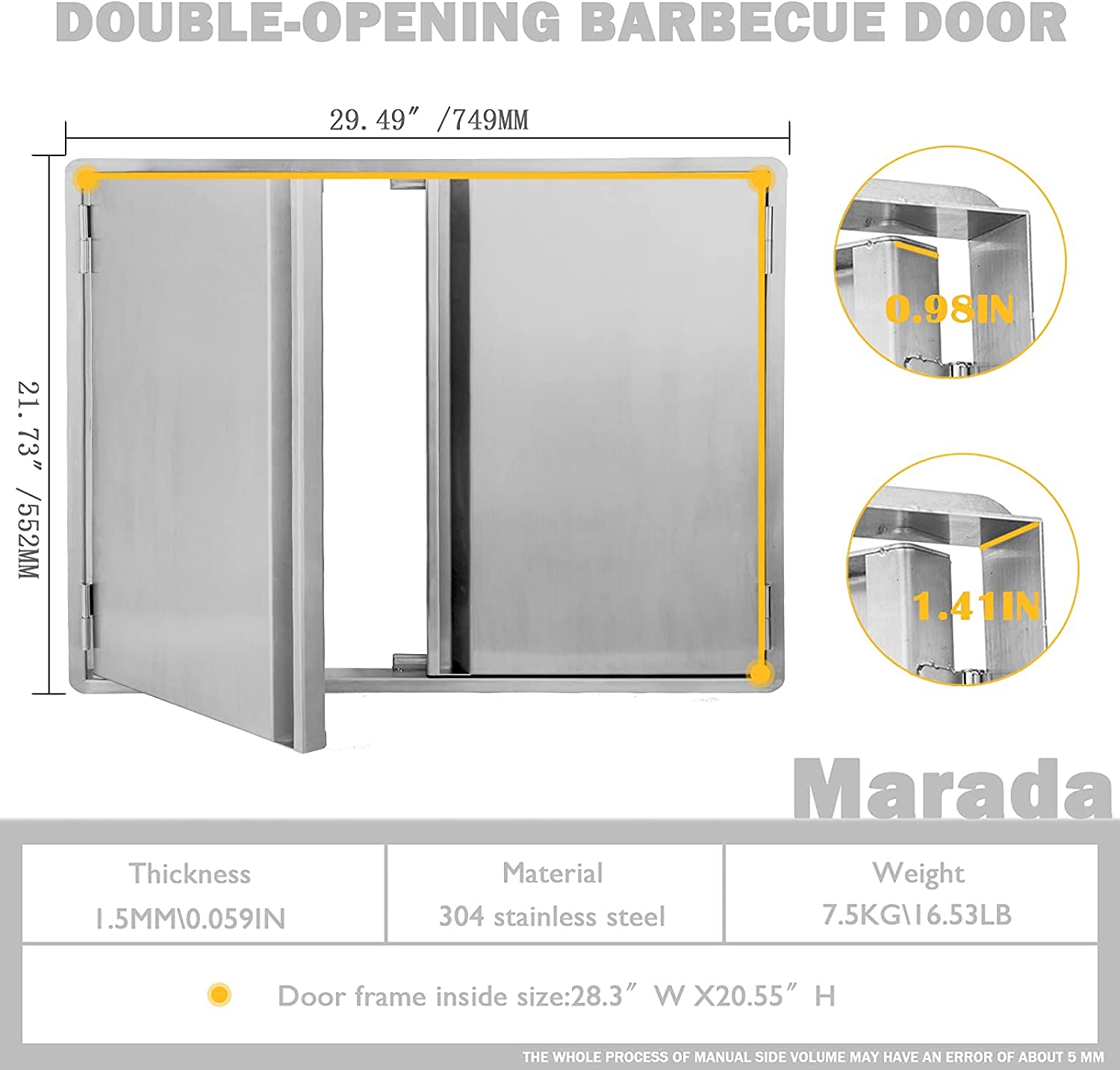 Marada 29.5" W x 22" H Double Door Kitchen Outdoor 304 All Brushed Stainless Steel Flush Mount Double Wall Door for BBQ Island & Gril