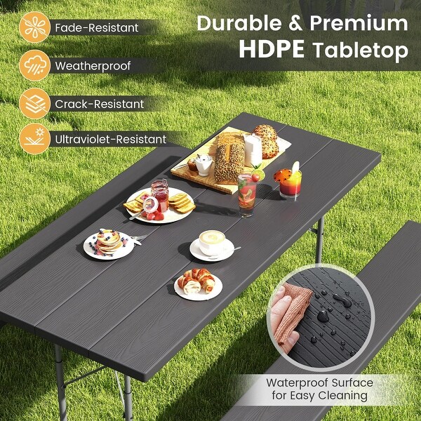 Folding Picnic Table Set with Metal Frame and AllWeather HDPE Tabletop，Umbrella Hole