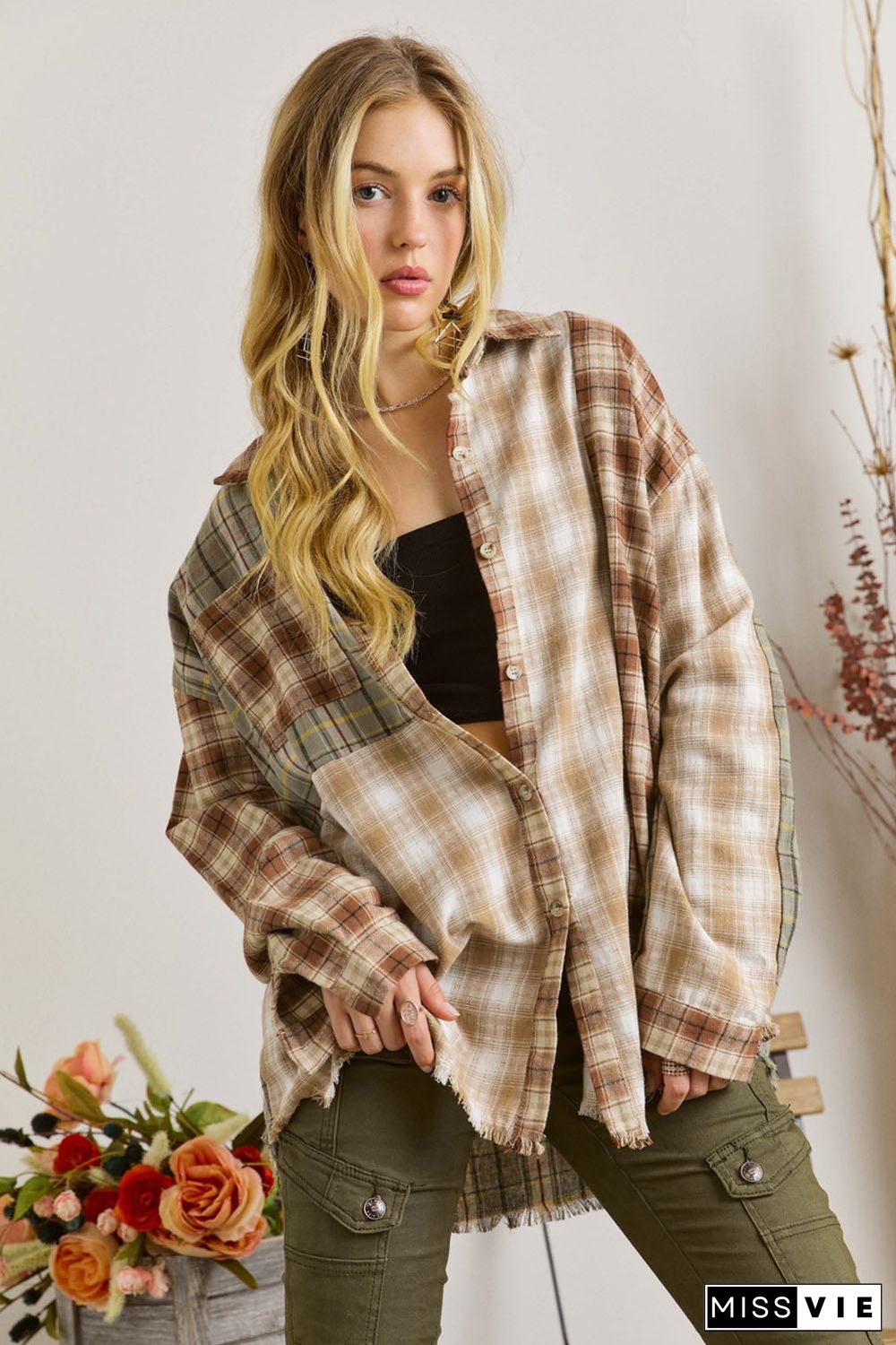 Brown Multi Plaid Patchwork Raw Edge Casual Shirt