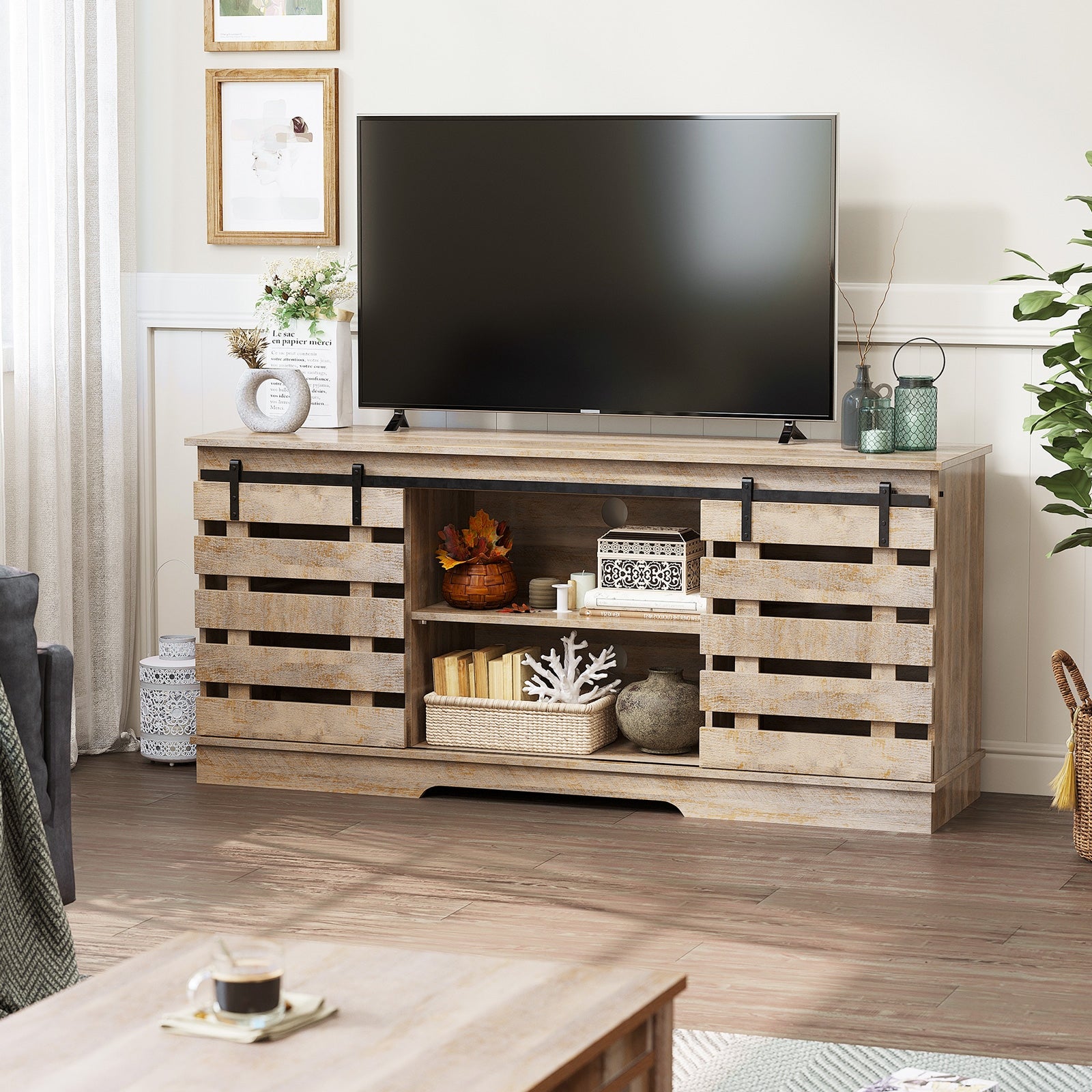 Evelynn Modern TV Stand TV Console Sliding Fence Farmhouse Barn Doors for TVs up to 65