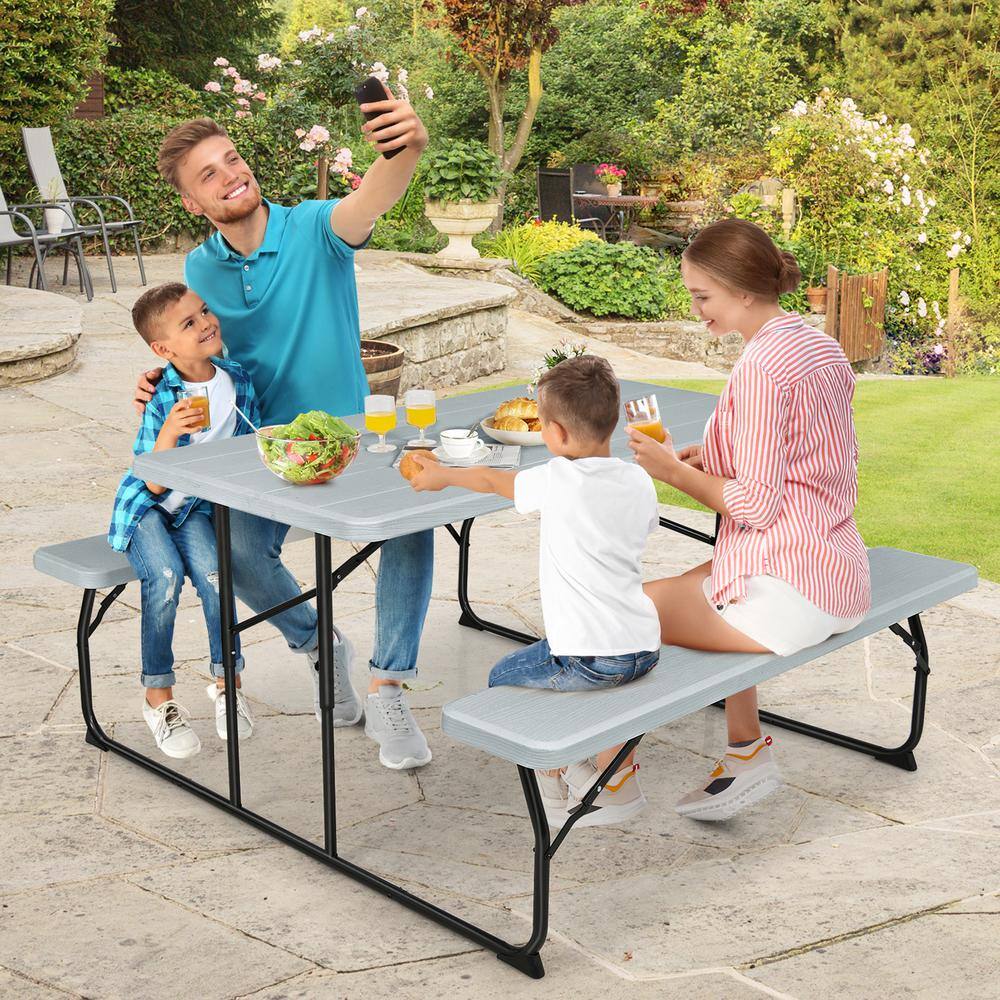 Gymax Metal Outdoor Folding Picnic Table and Bench Set for Camping BBQ with Steel Frame Grey GYM09691