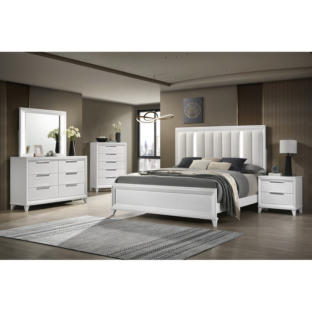 Denissa 6 Piece White Upholstered LED Panel Bedroom Set