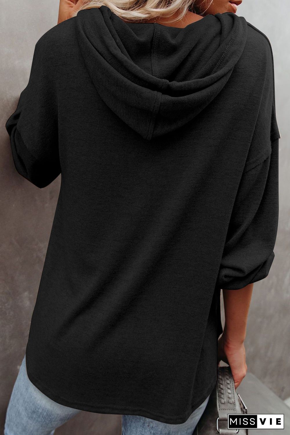 Black Buttoned High and Low Hem Hoodie