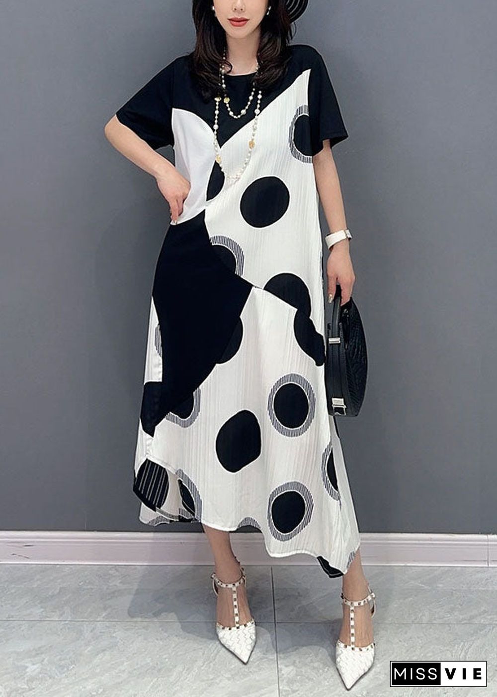 Art White O Neck Dot Print Patchwork Cotton Dresses Summer