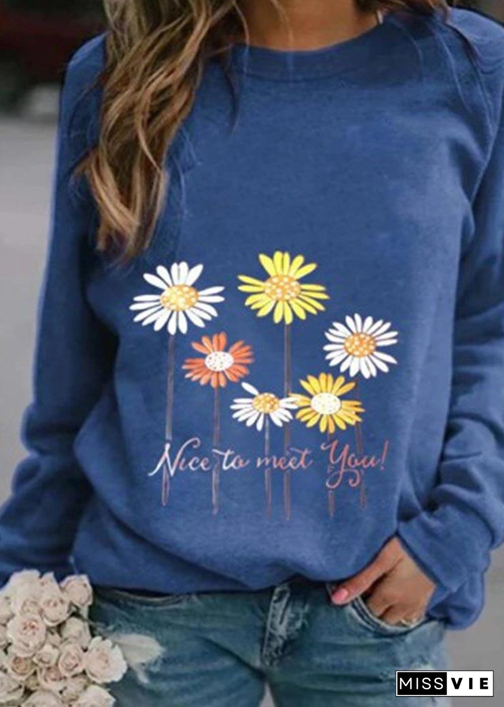 Nice to meet you' & Daisy Print Sweatshirt