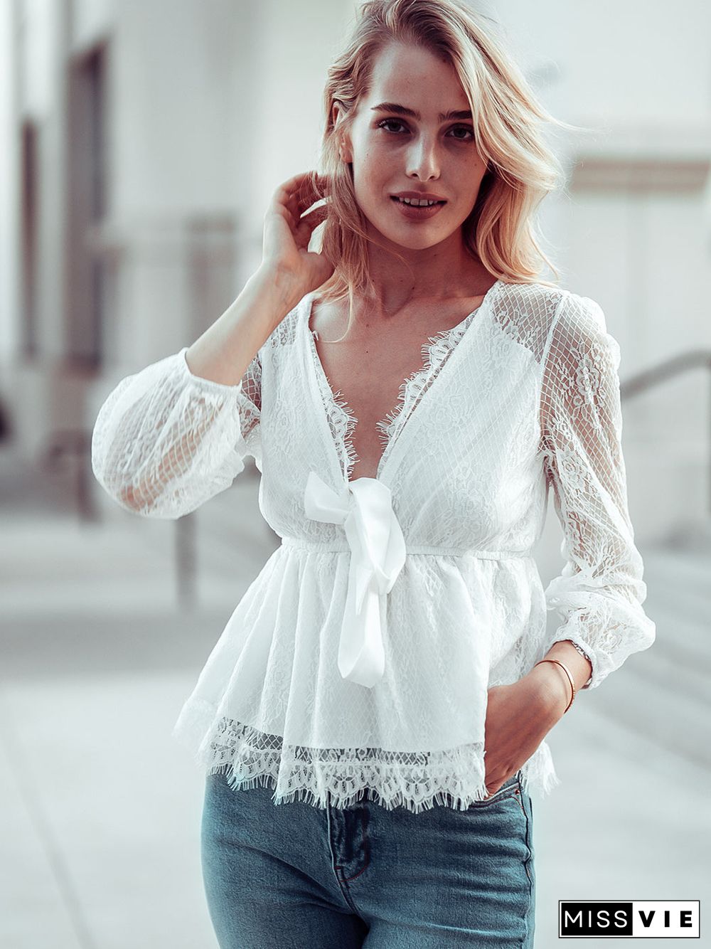 Plunge Neck Lace Detail Blouse