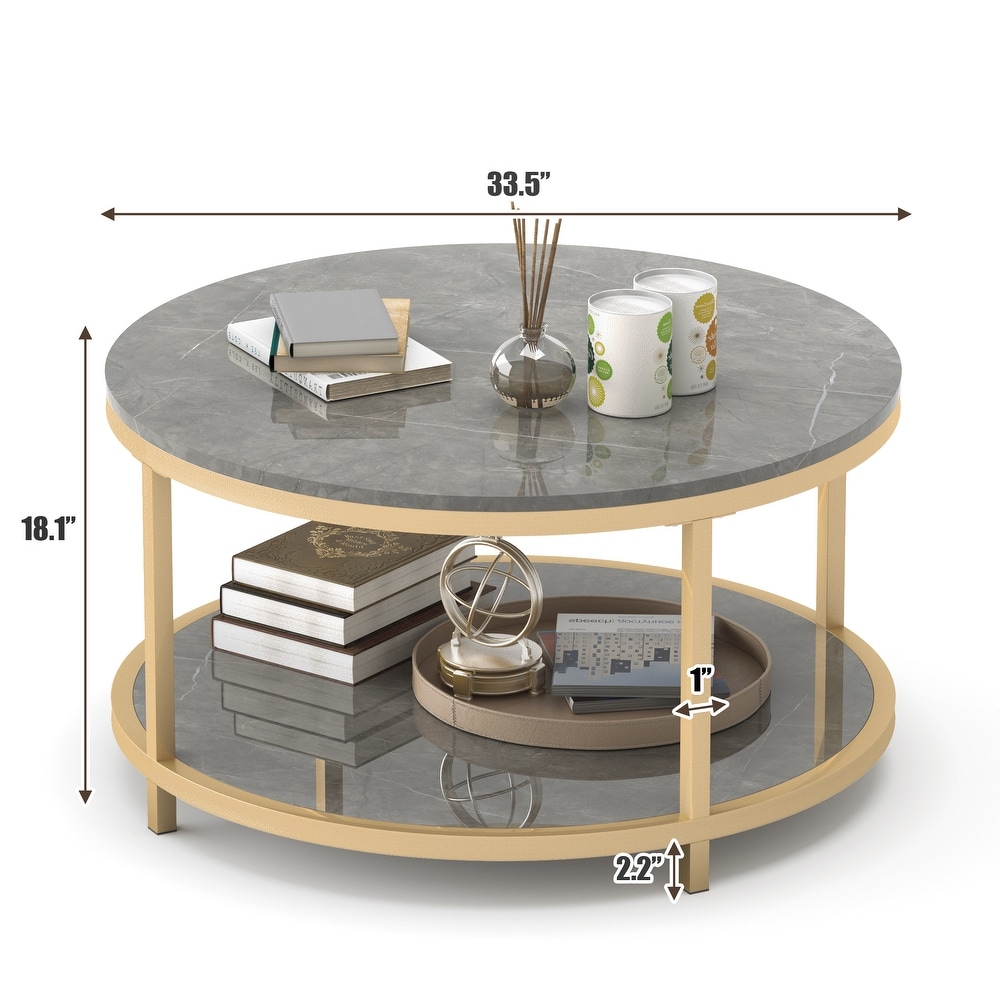 S.Fyronti Round Gray Faux Marble Coffee Table with Golden Legs and Open Shelf