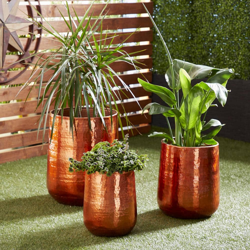 Litton Lane 13in. Medium Copper Aluminum Indoor Outdoor Planter with Hammered Details (3- Pack) 49684